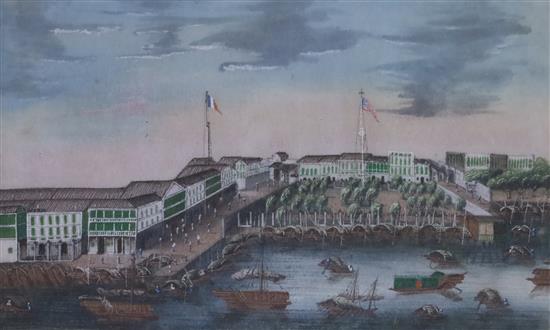 A set of four Chinese pith paintings of Chinese harbour scenes, 19th century, 9 x 14cm
